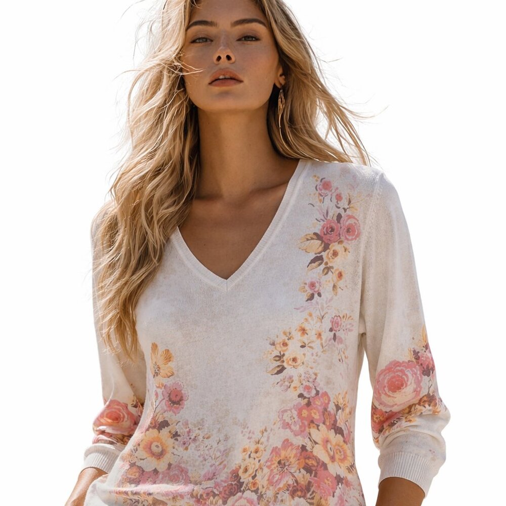 Cotton rich (75%) knit v-neck by Tabi, overall pastel floral printed design